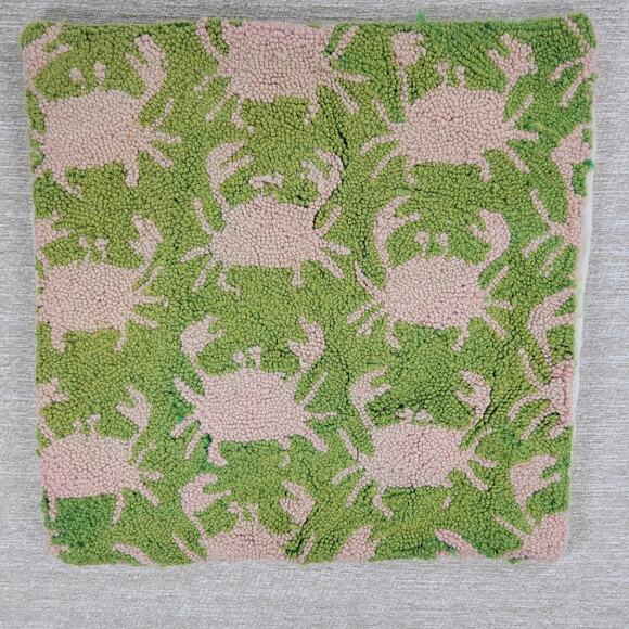 Vtg Handmade Wool Hooked Crab Pillow Cover 18x18 Coastal Nautical Beach Cottage - Picture 6 of 16